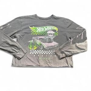 Hot Wheels Racing Long Sleeve Cropped Tee | Gray/Green Retro Graphic | Size M